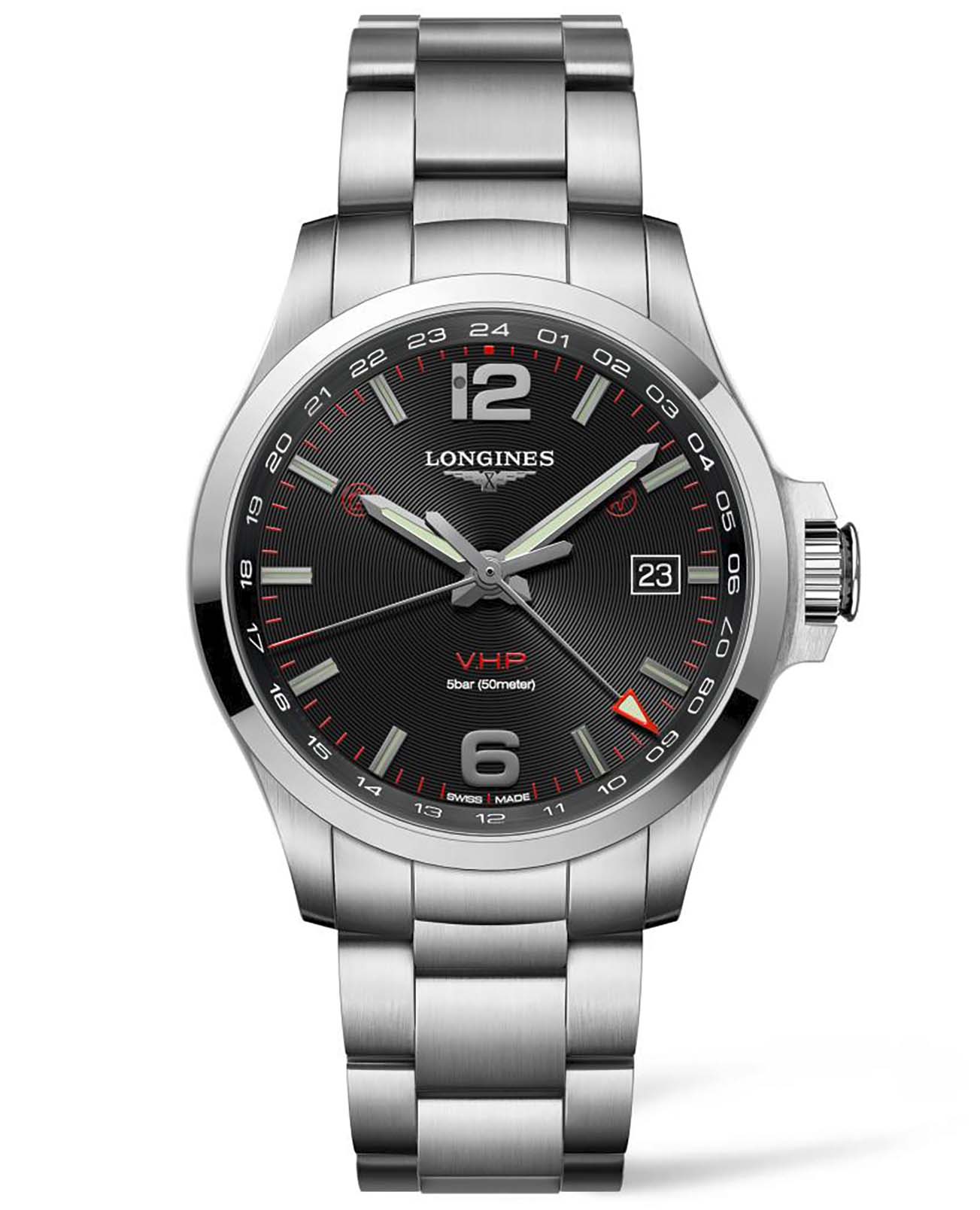 Longines Longines Conquest V.H.P. L3.728.4.56.6  L37284566 кварцевые мужские часы черный циферблат, браслет нержавеющая сталь — вид спереди